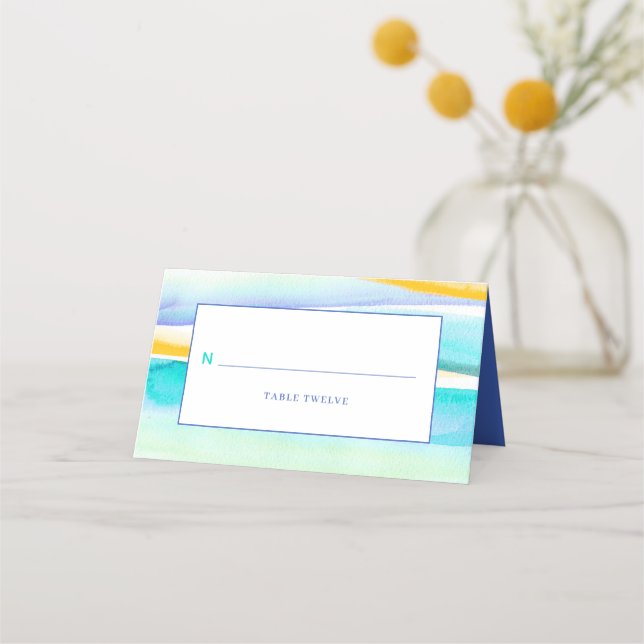 Abstract art tropical tide lines aqua yellow place card (Front)