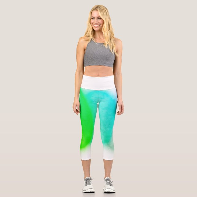 Abstract Art Turquoise Green Blue Capri Leggings (Front)