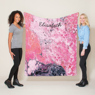 Abstract Art With Acrylic Paint Pour   Pink Black Fleece Blanket