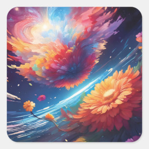 Abstract art with flowers in space square sticker