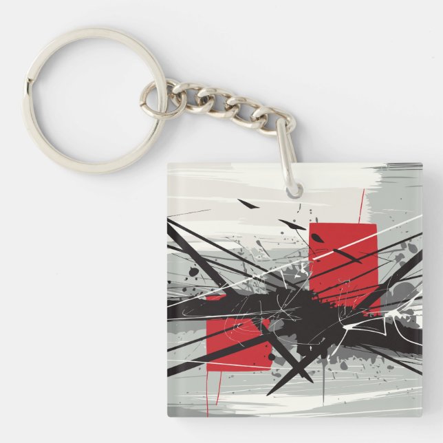 Abstract Art with Red Blocks & Black Strokes Key Ring (Front)