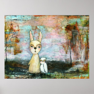 Abstract Art Woodland Rabbit and Owl Painting Poster
