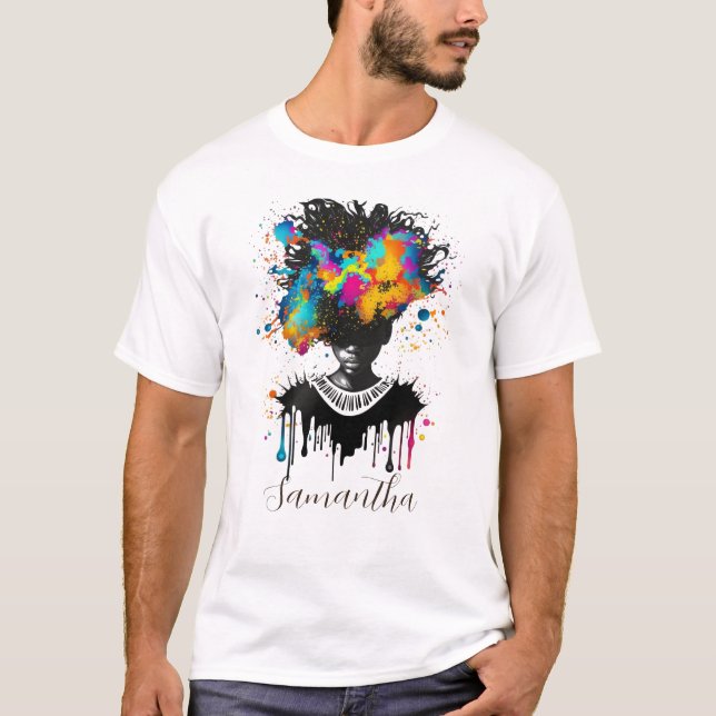 Abstract Artist Afro Woman | Black and White T-Shirt (Front)