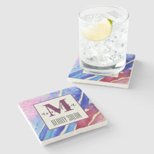 Abstract Artistic Blue Pink Beauty Salon Monogram  Stone Coaster