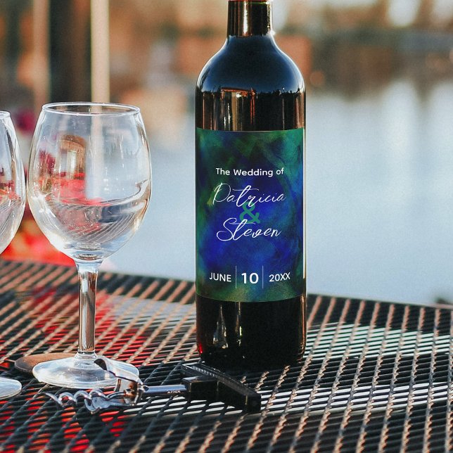 Abstract Artistic Dark Blue Green Wedding Bottle Wine Label (Creator Uploaded)