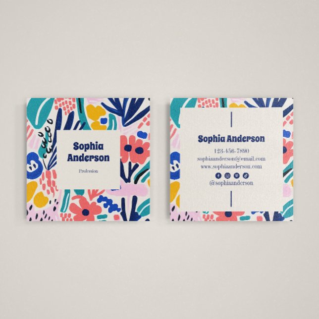 Abstract Artistic Floral - Trendy Colourful Square Business Card (Creator Uploaded)