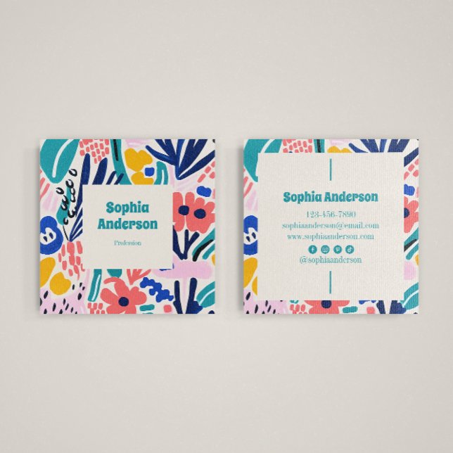 Abstract Artistic Floral - Trendy Colourful Square Business Card (Creator Uploaded)