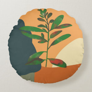 Abstract Artistic Foliage Silhouette Colour Block Round Cushion