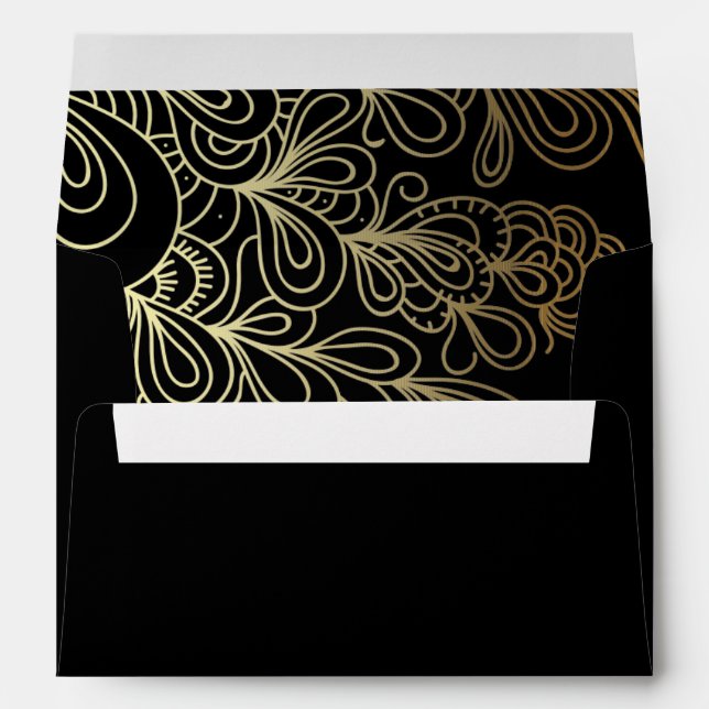 Abstract Artistic Gold Line Art Doodles on Black  Envelope (Back (Bottom))
