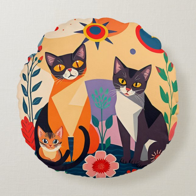 Abstract Artistic Representation of Cats Round Cushion (Front)