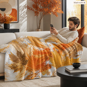 Abstract Autumn Falling Leaves Colourful Orange Fleece Blanket