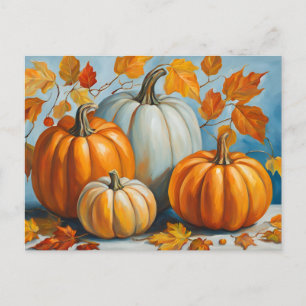 Abstract Autumn Pumpkins and Leaves Holiday Postcard