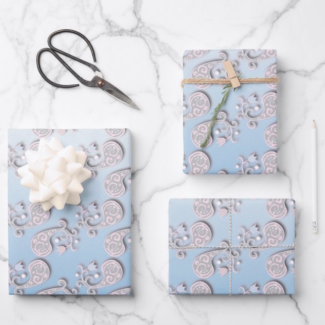 Abstract Baby blue and Pink Pastel Floral Wrapping Paper Sheet (Front)