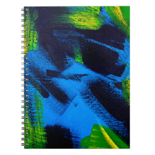 Abstract background. Acrylic black, yellow, blue, Notebook