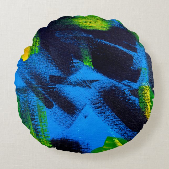 Abstract background. Acrylic black, yellow, blue,  Round Cushion (Front)