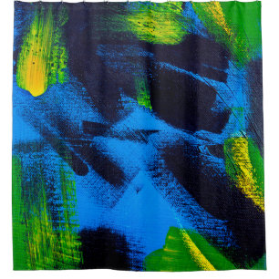 Abstract background. Acrylic black, yellow, blue, Shower Curtain
