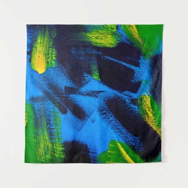 Abstract background. Acrylic black, yellow, blue,  Tapestry (Front)