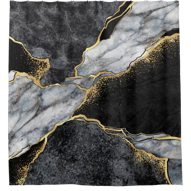 abstract background, black and white marble mosaic shower curtain (Front)