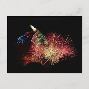 Abstract bald eagle and fireworks postcard