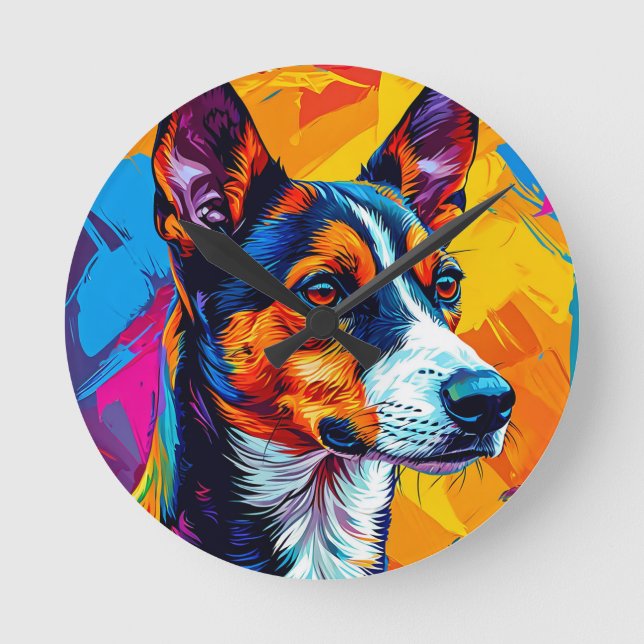 Abstract Basenji Dog Portrait Round Clock (Front)