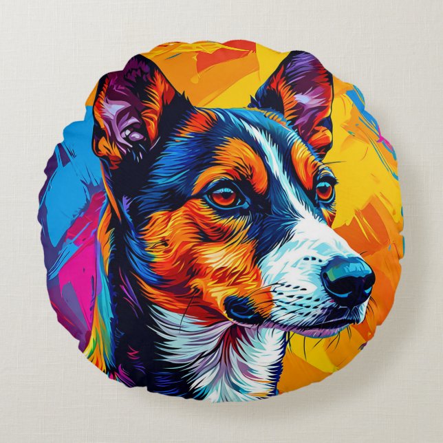 Abstract Basenji Dog Portrait Round Cushion (Front)