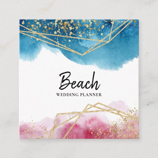 *~* Abstract Beach Blue Pink Gold Glitter Polygons Square Business Card (Front)