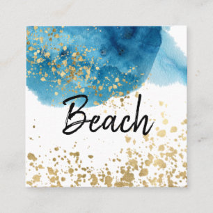 *~* Abstract Beach Blue Watercolor Gold Glitter Square Business Card