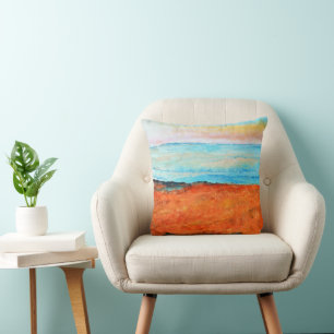 Abstract Beach Painting Orange Blue Art Cushion