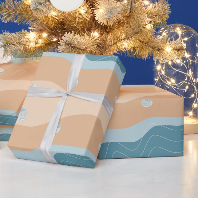 Abstract Beach Pattern Wave Lines Blue Sand Shells Wrapping Paper (Holidays)