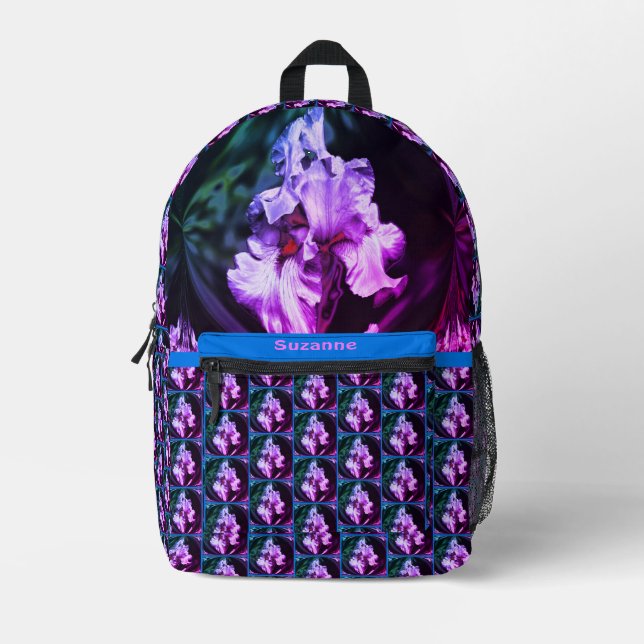 Abstract Bearded Iris Flower Art Personalised Printed Backpack (Front)