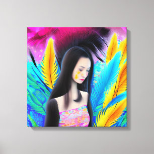 Abstract Beautiful but Sad Asian Girl Colourful AI Canvas Print