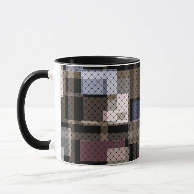 Abstract, beige, black, plaid mug (Left)