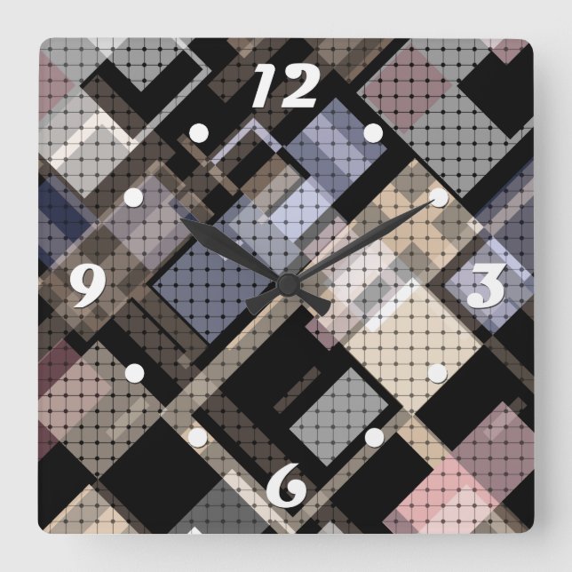 Abstract, beige, black, plaid square wall clock (Front)
