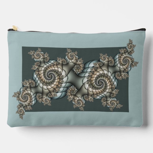 Abstract Beige Light Blue Fractal Art Spirals Accessory Pouch (Front)