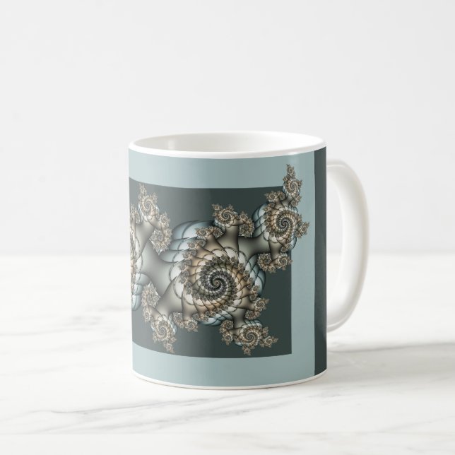 Abstract Beige Light Blue Fractal Art Spirals Coffee Mug (Front Right)