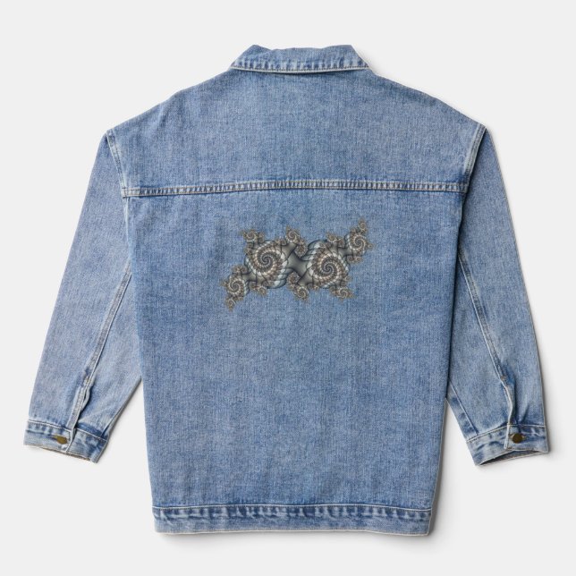 Abstract Beige Light Blue Fractal Art Spirals Denim Jacket (Back)