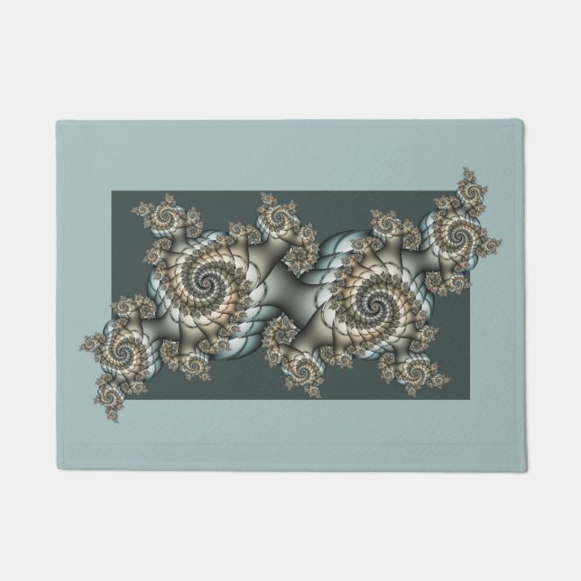 Abstract Beige Light Blue Fractal Art Spirals Doormat (Front)