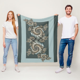 Abstract Beige Light Blue Fractal Art Spirals Fleece Blanket
