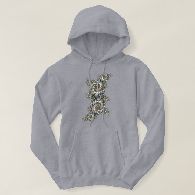 Abstract Beige Light Blue Fractal Art Spirals Hoodie (Design Front)