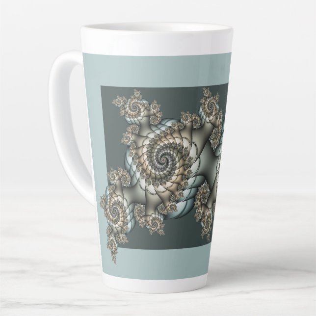 Abstract Beige Light Blue Fractal Art Spirals Latte Mug (Left Angle)