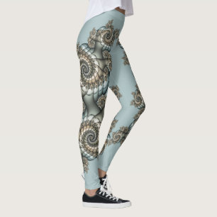 Abstract Beige Light Blue Fractal Art Spirals Leggings