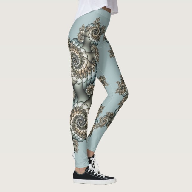Abstract Beige Light Blue Fractal Art Spirals Leggings (Right)