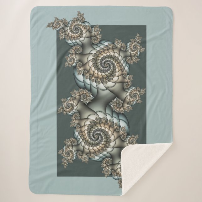Abstract Beige Light Blue Fractal Art Spirals Sherpa Blanket (Front)