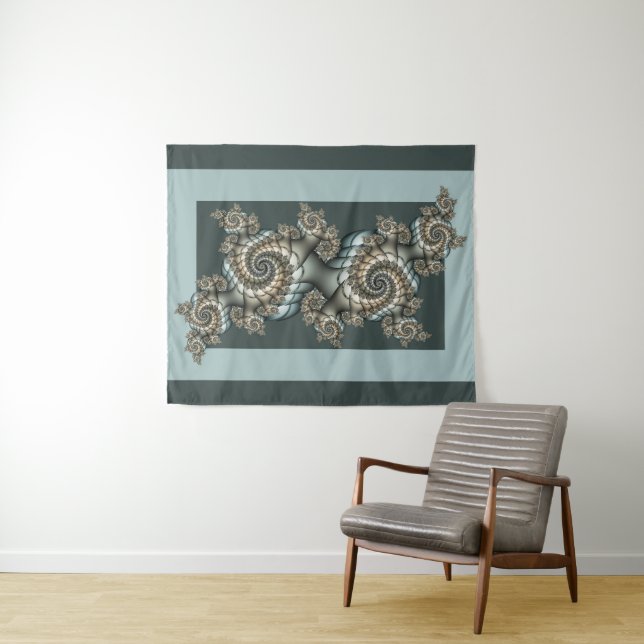 Abstract Beige Light Blue Fractal Art Spirals Tapestry (In Situ (Horizontal))