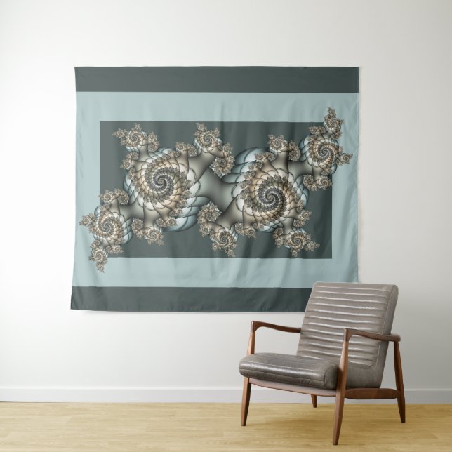 Abstract Beige Light Blue Fractal Art Spirals Tapestry (In Situ (Horizontal))