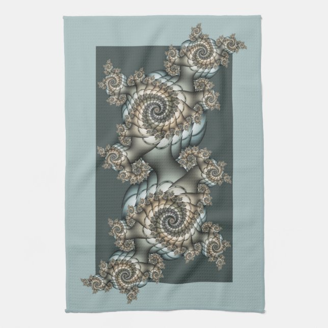 Abstract Beige Light Blue Fractal Art Spirals Tea Towel (Vertical)