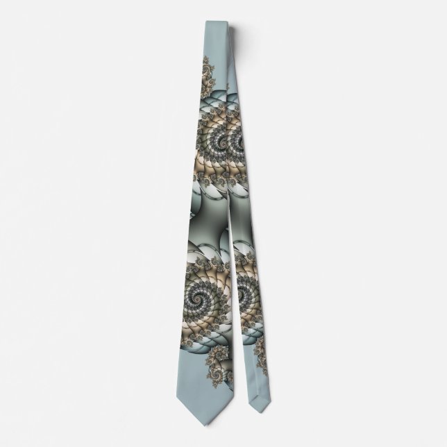 Abstract Beige Light Blue Fractal Art Spirals Tie (Front)