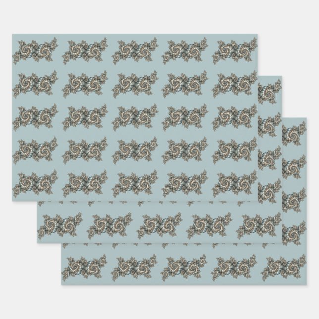 Abstract Beige Light Blue Fractal Art Spirals Wrapping Paper Sheet (Set)