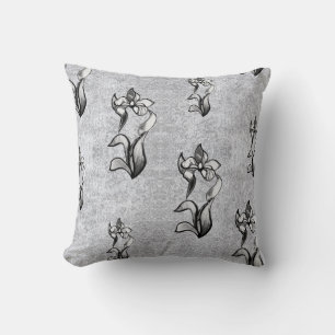 Abstract big black white neon flowers on silver cushion