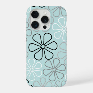 Abstract Big Flower Outlines BWG+Duck Egg Blue iPhone 15 Pro Case